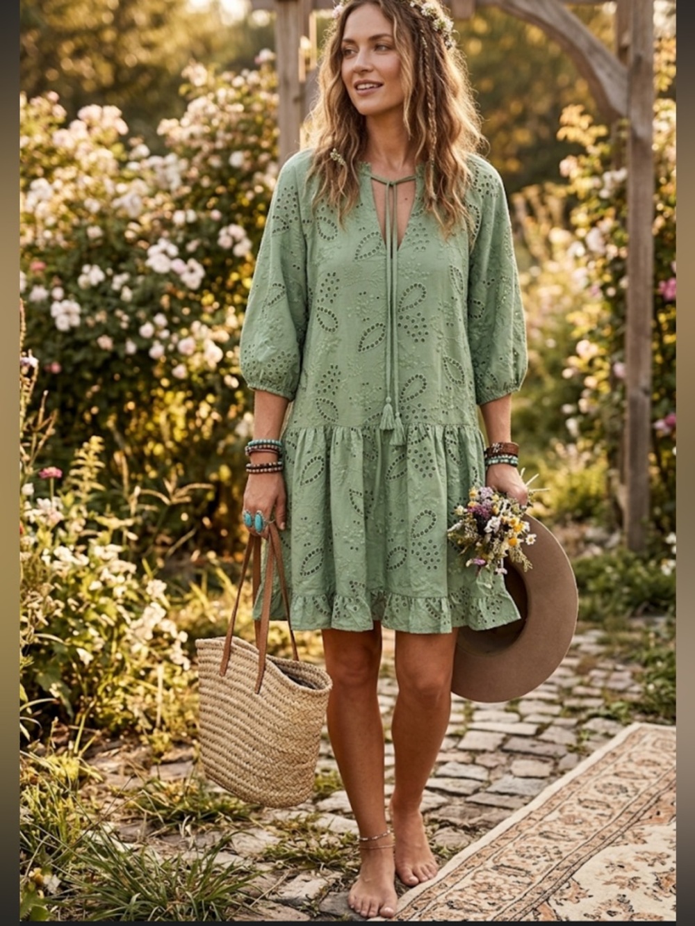 Seni & Cade Sage Green Eyelet Ruffle Tiered Boho Mini Dress Size Medium NWT